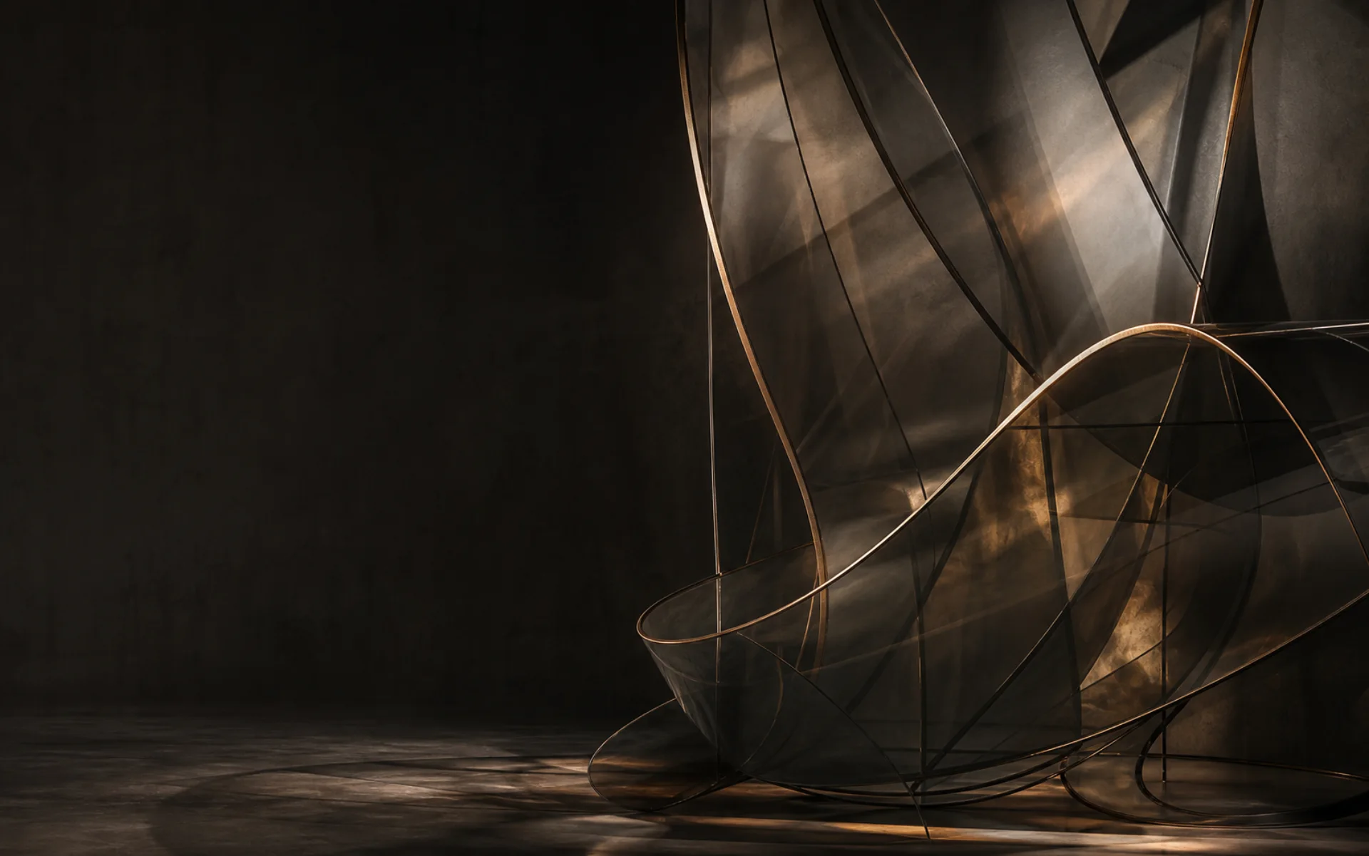 Abstract smoked-glass sculpture with bronze detailing